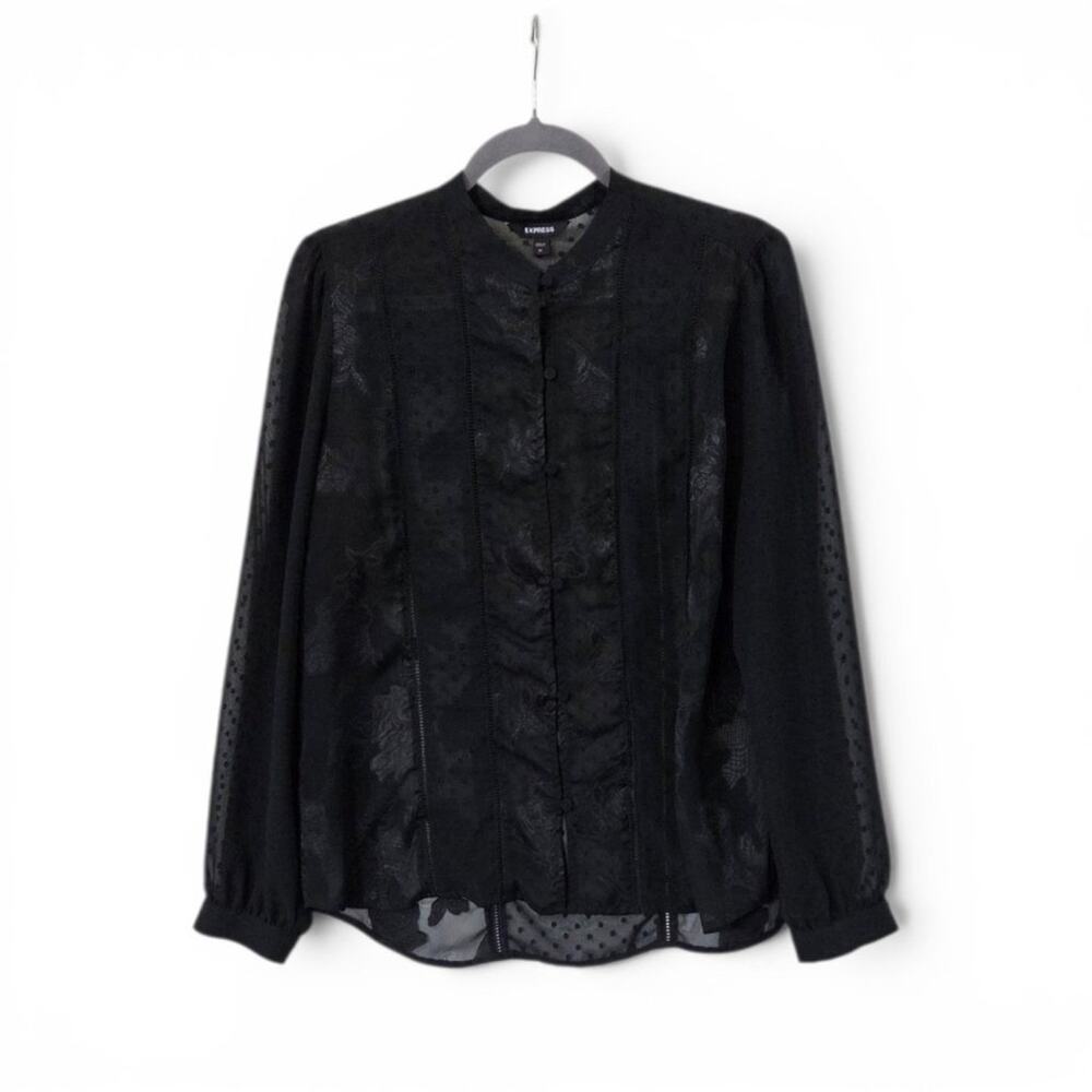 Express Black Sheer Floral Swiss Dot Asian Inspired Button Front Blouse, Medium